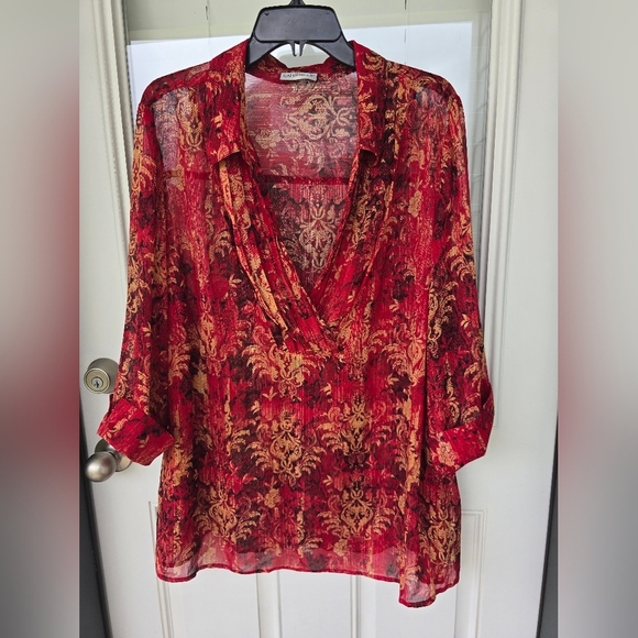 Catherines Sheer Tunic Top 2X Plus Womens 3/4 Sleeve Orange Paisely Open Front - Picture 2 of 15